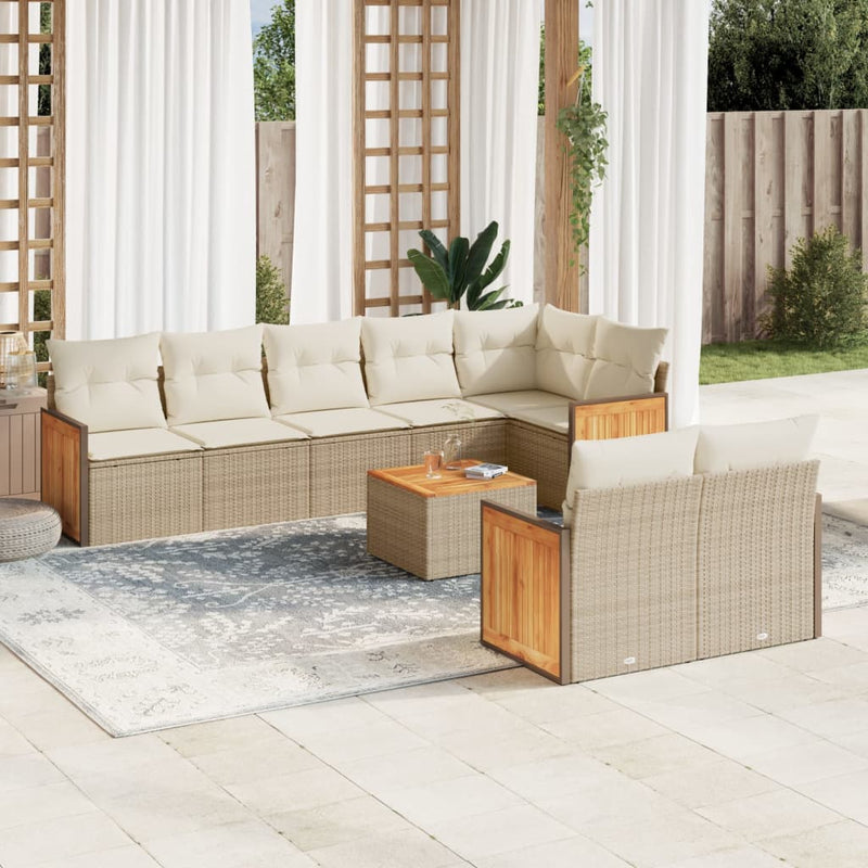 9-tlg. Garten-Sofagarnitur mit Kissen Beige Poly Rattan