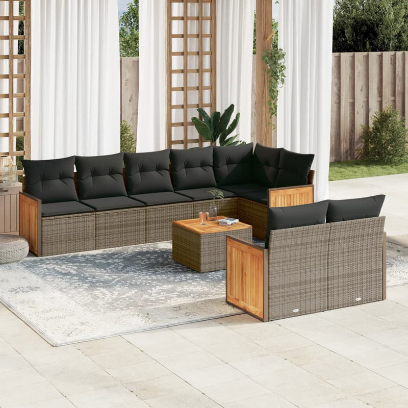 9-tlg. Garten-Sofagarnitur mit Kissen Grau Poly Rattan