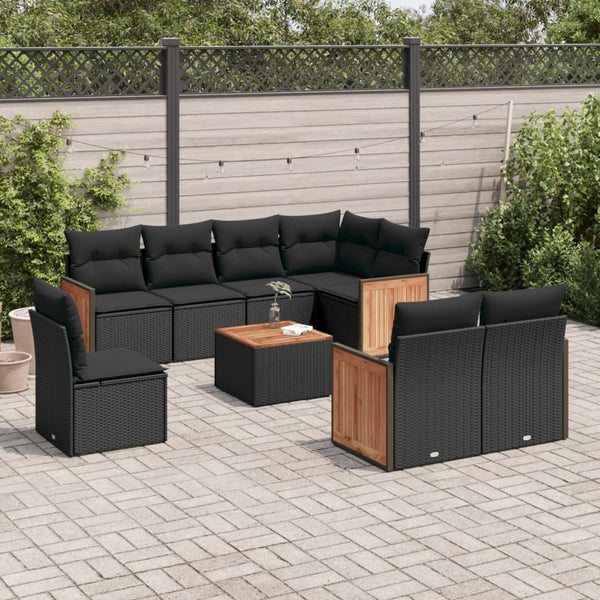 9-tlg. Garten-Sofagarnitur mit Kissen Schwarz Poly Rattan