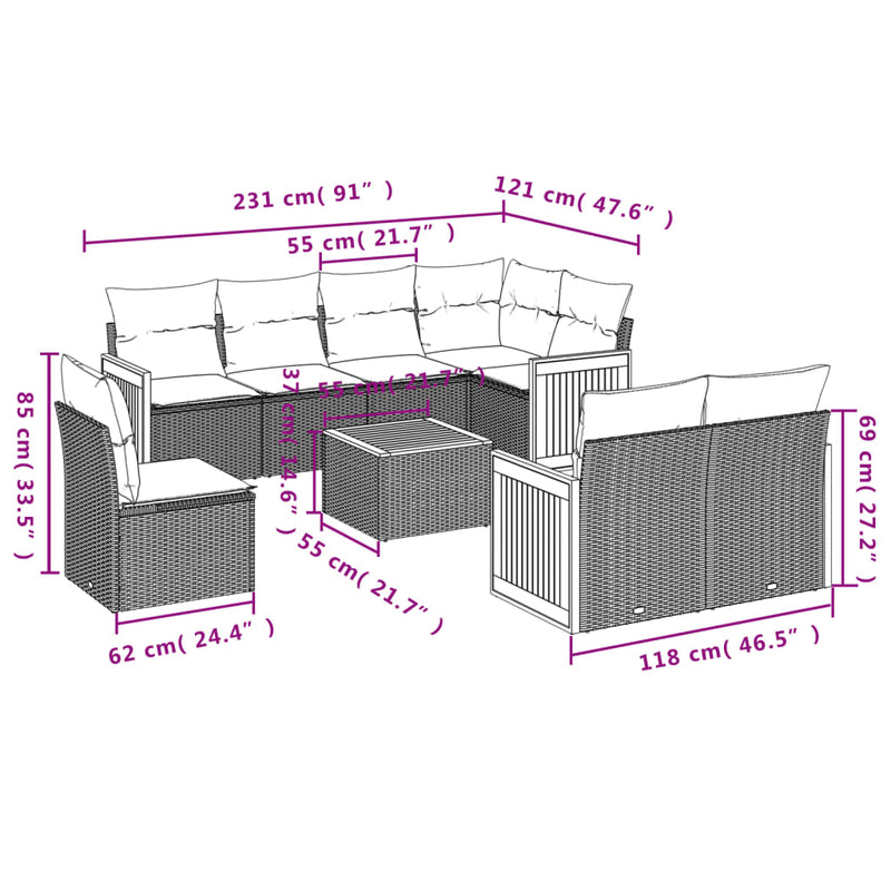 9-tlg. Garten-Sofagarnitur mit Kissen Grau Poly Rattan