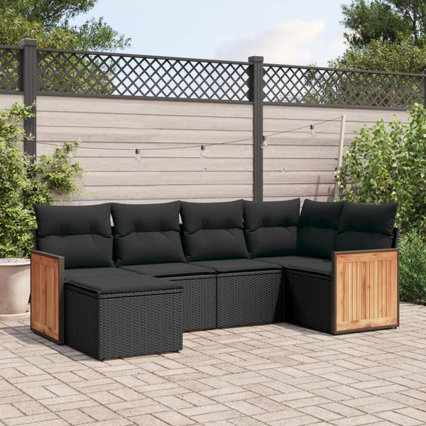 6-tlg. Garten-Sofagarnitur mit Kissen Schwarz Poly Rattan