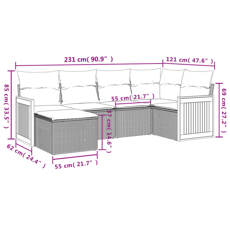 6-tlg. Garten-Sofagarnitur mit Kissen Beige Poly Rattan