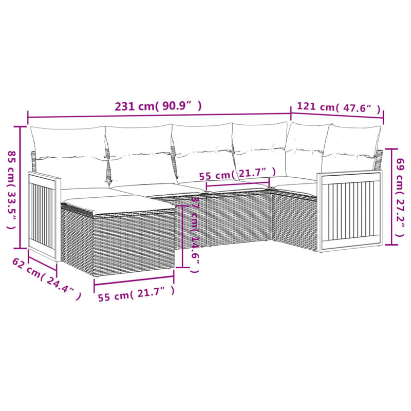 6-tlg. Garten-Sofagarnitur mit Kissen Grau Poly Rattan