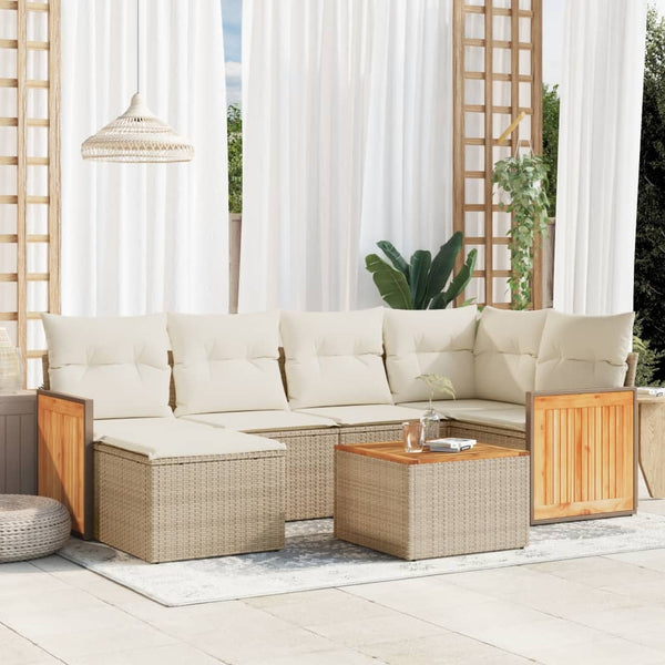 7-tlg. Garten-Sofagarnitur mit Kissen Beige Poly Rattan