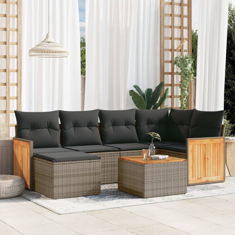 7-tlg. Garten-Sofagarnitur mit Kissen Grau Poly Rattan