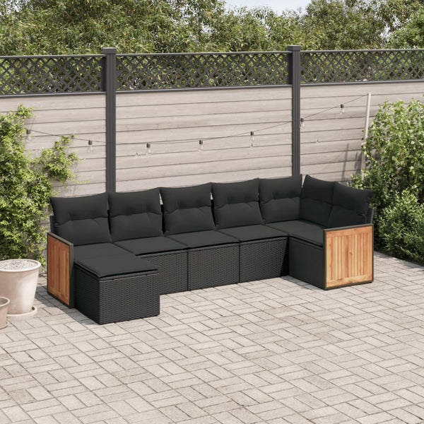 7-tlg. Garten-Sofagarnitur mit Kissen Schwarz Poly Rattan