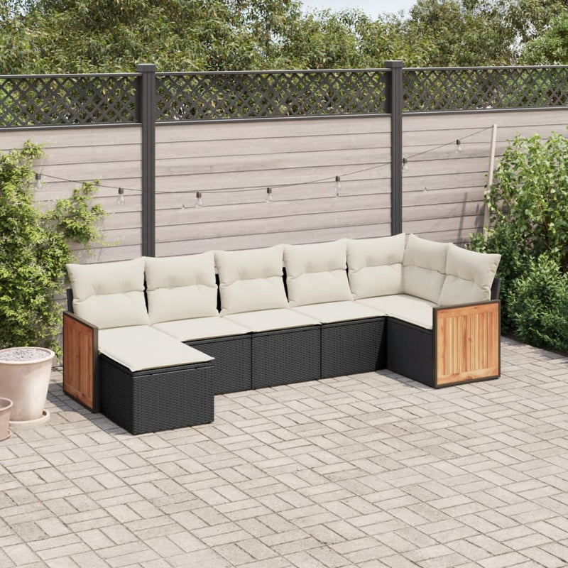 7-tlg. Garten-Sofagarnitur mit Kissen Schwarz Poly Rattan