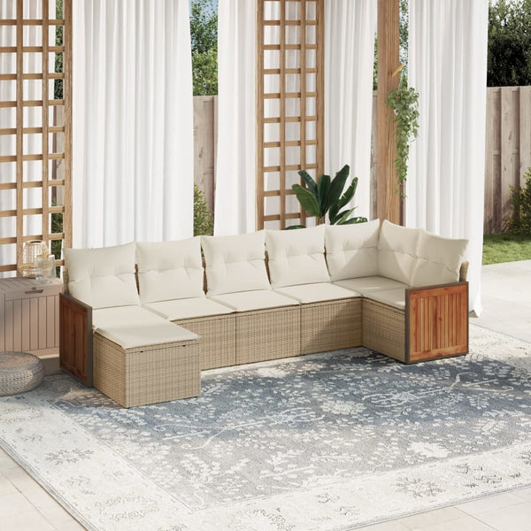 7-tlg. Garten-Sofagarnitur mit Kissen Beige Poly Rattan