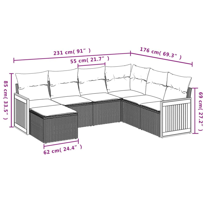 7-tlg. Garten-Sofagarnitur mit Kissen Schwarz Poly Rattan