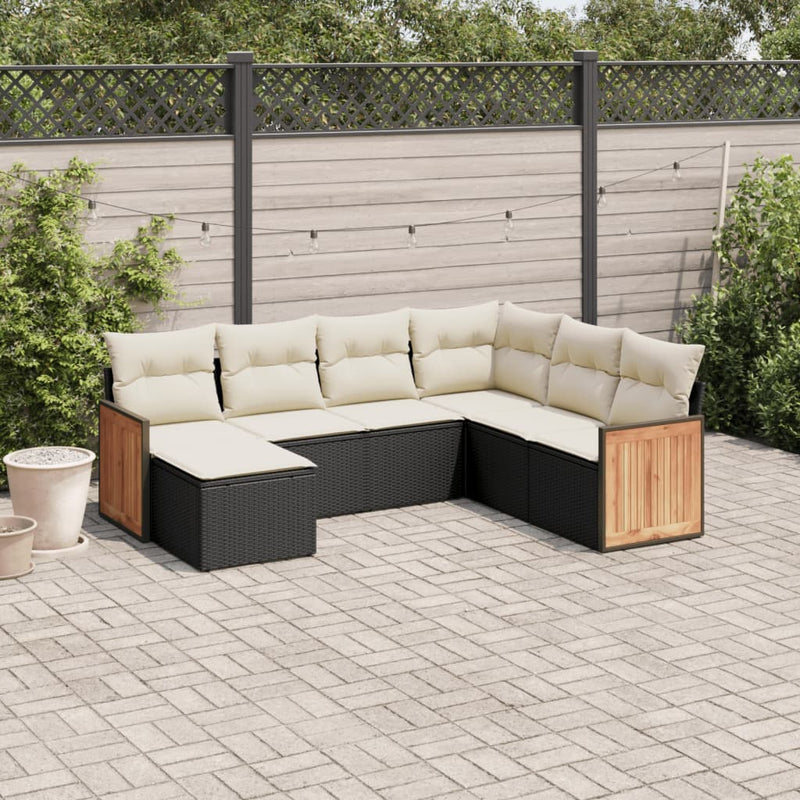 7-tlg. Garten-Sofagarnitur mit Kissen Schwarz Poly Rattan