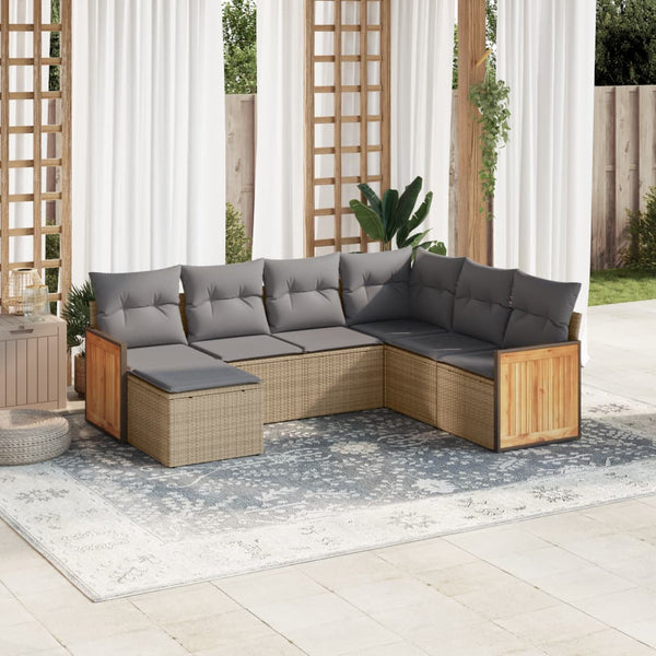 7-tlg. Garten-Sofagarnitur mit Kissen Beige Poly Rattan