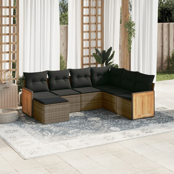 7-tlg. Garten-Sofagarnitur mit Kissen Grau Poly Rattan