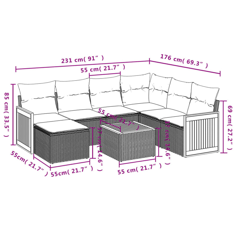 8-tlg. Garten-Sofagarnitur mit Kissen Grau Poly Rattan