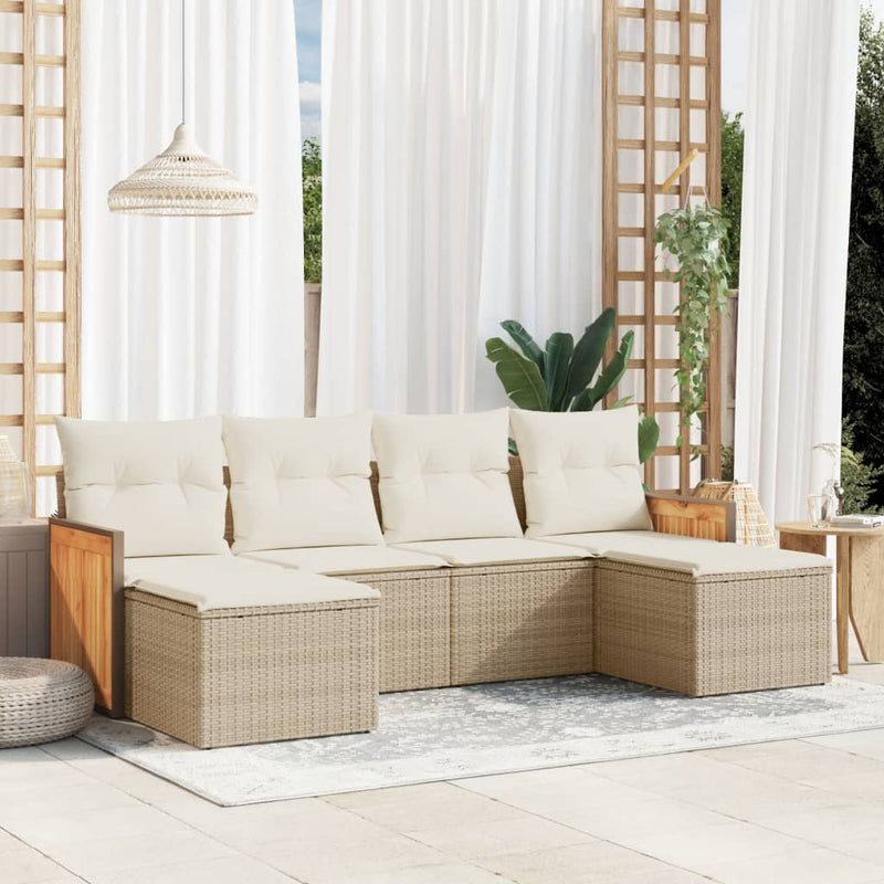 6-tlg. Garten-Sofagarnitur mit Kissen Beige Poly Rattan