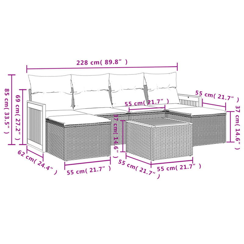 7-tlg. Garten-Sofagarnitur mit Kissen Schwarz Poly Rattan