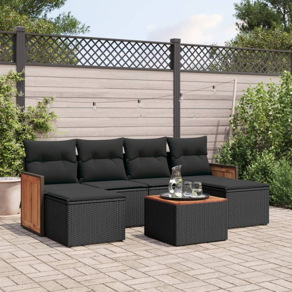 7-tlg. Garten-Sofagarnitur mit Kissen Schwarz Poly Rattan