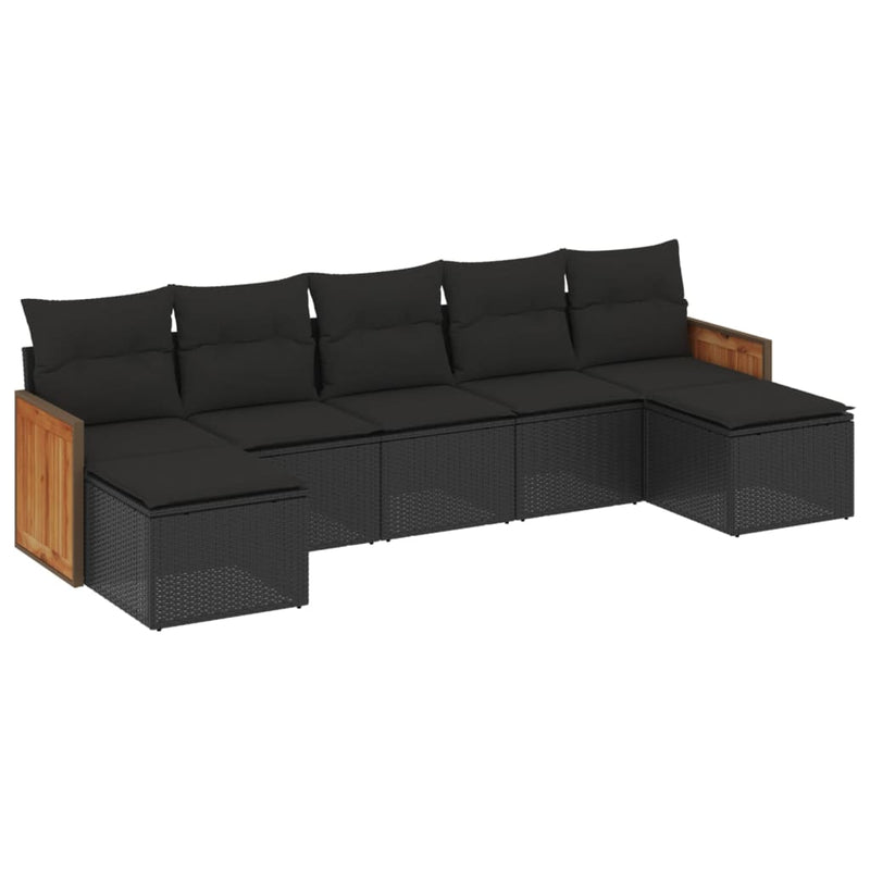 7-tlg. Garten-Sofagarnitur mit Kissen Schwarz Poly Rattan