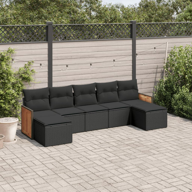 7-tlg. Garten-Sofagarnitur mit Kissen Schwarz Poly Rattan