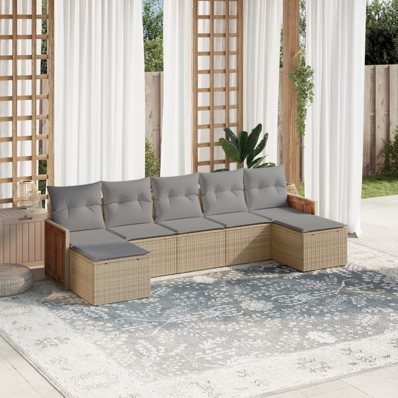 7-tlg. Garten-Sofagarnitur mit Kissen Beige Poly Rattan