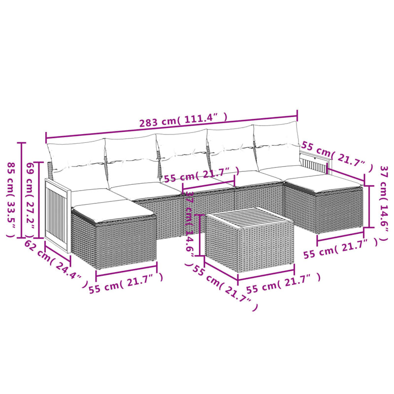 8-tlg. Garten-Sofagarnitur mit Kissen Beige Poly Rattan