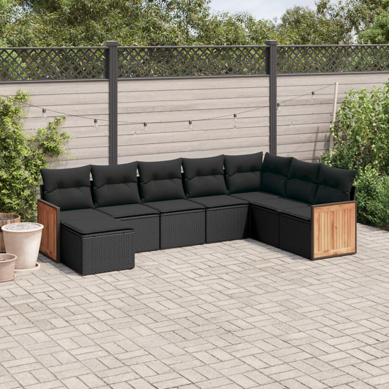 8-tlg. Garten-Sofagarnitur mit Kissen Schwarz Poly Rattan