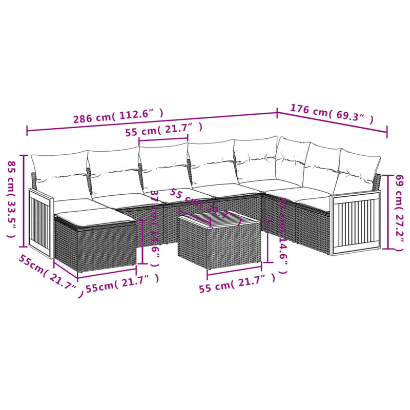 9-tlg. Garten-Sofagarnitur mit Kissen Schwarz Poly Rattan