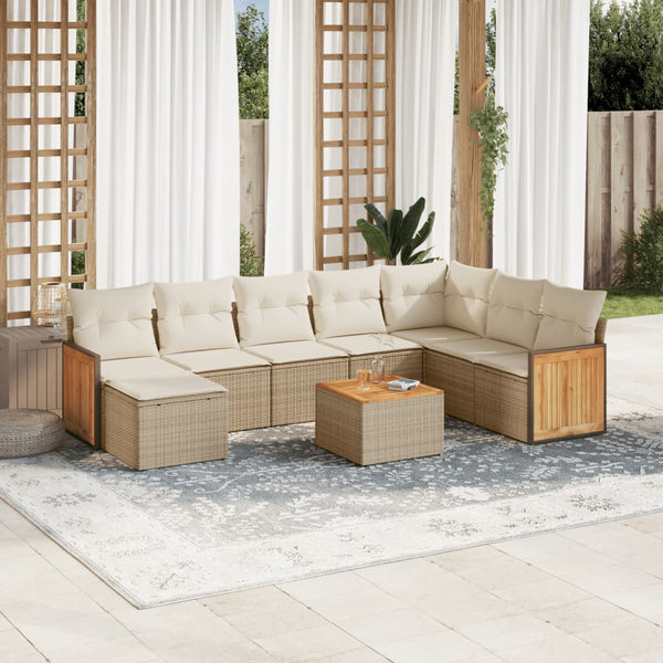 9-tlg. Garten-Sofagarnitur mit Kissen Beige Poly Rattan