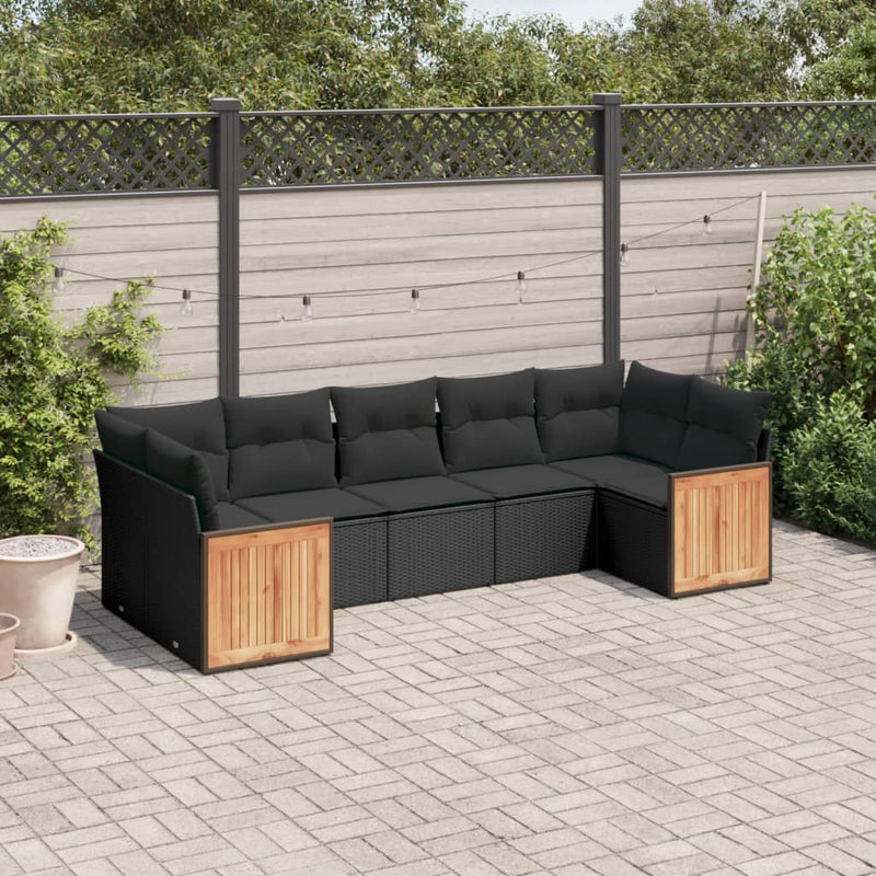 7-tlg. Garten-Sofagarnitur mit Kissen Schwarz Poly Rattan