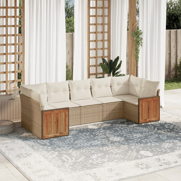 7-tlg. Garten-Sofagarnitur mit Kissen Beige Poly Rattan