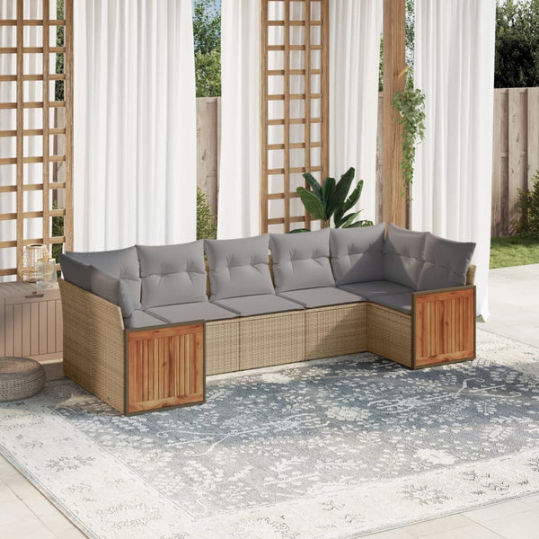 7-tlg. Garten-Sofagarnitur mit Kissen Beige Poly Rattan