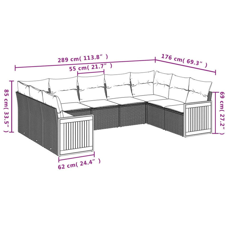 9-tlg. Garten-Sofagarnitur mit Kissen Schwarz Poly Rattan