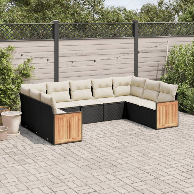 9-tlg. Garten-Sofagarnitur mit Kissen Schwarz Poly Rattan