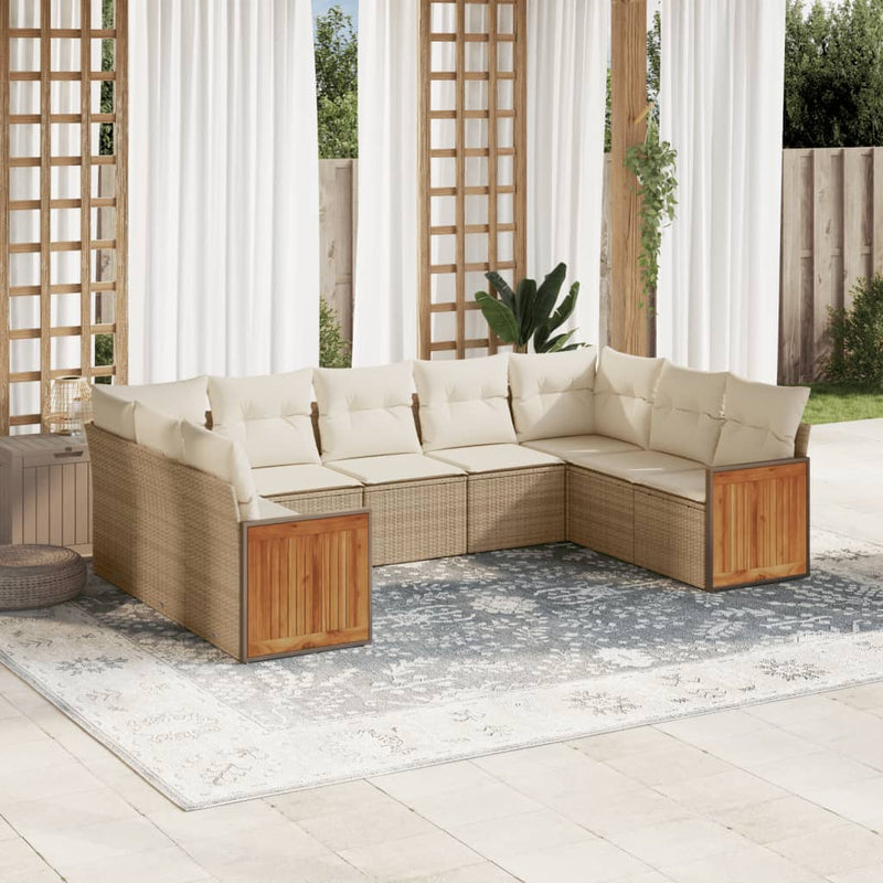 9-tlg. Garten-Sofagarnitur mit Kissen Beige Poly Rattan