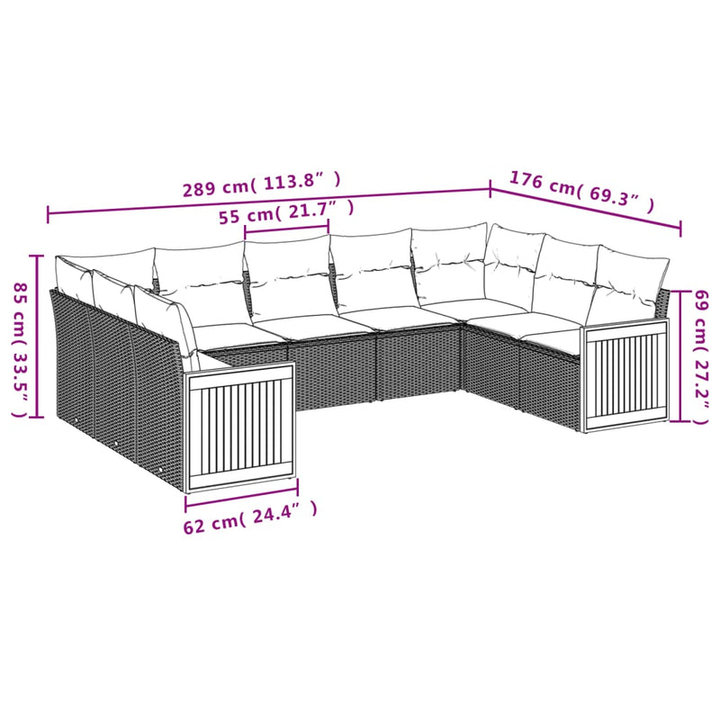 9-tlg. Garten-Sofagarnitur mit Kissen Grau Poly Rattan