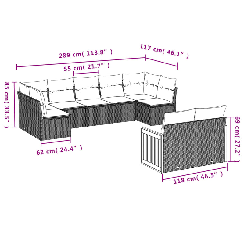 9-tlg. Garten-Sofagarnitur mit Kissen Grau Poly Rattan