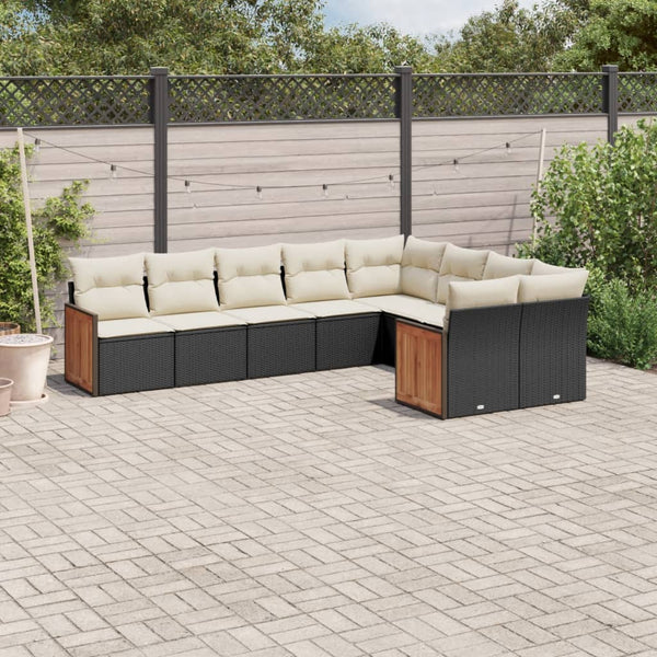 9-tlg. Garten-Sofagarnitur mit Kissen Schwarz Poly Rattan