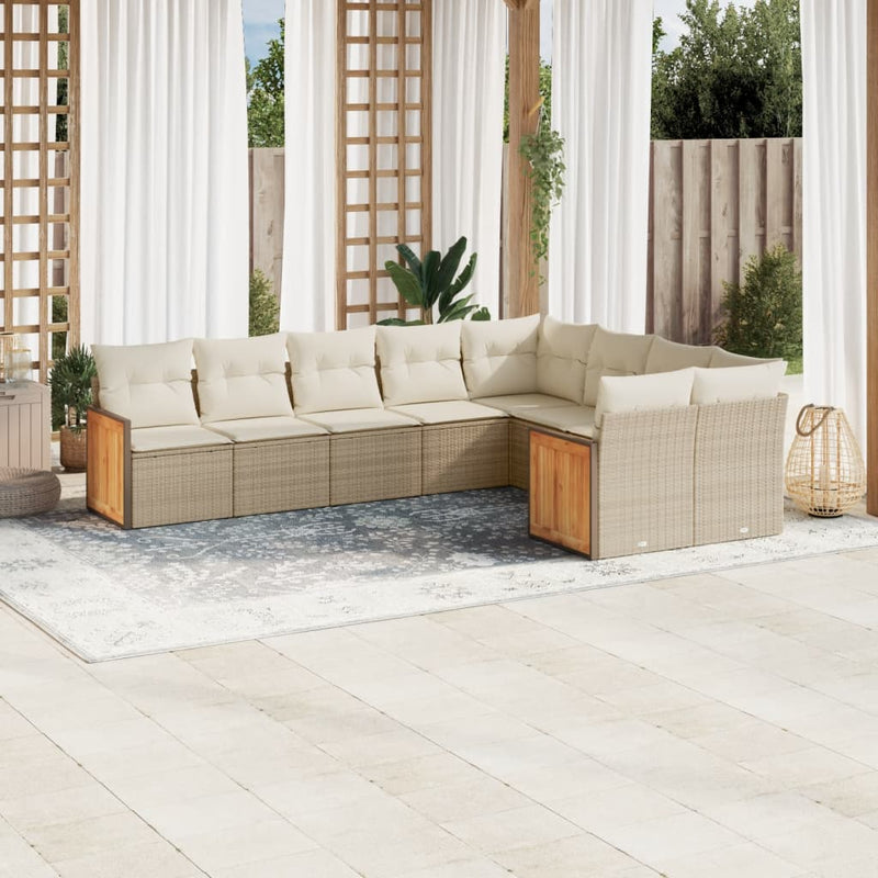 9-tlg. Garten-Sofagarnitur mit Kissen Beige Poly Rattan