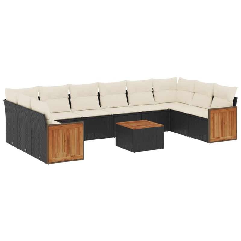 11-tlg. Garten-Sofagarnitur mit Kissen Schwarz Poly Rattan