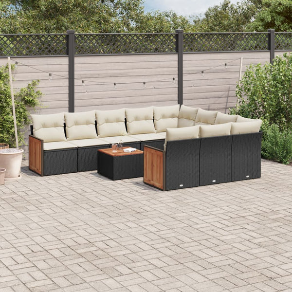 11-tlg. Garten-Sofagarnitur mit Kissen Schwarz Poly Rattan