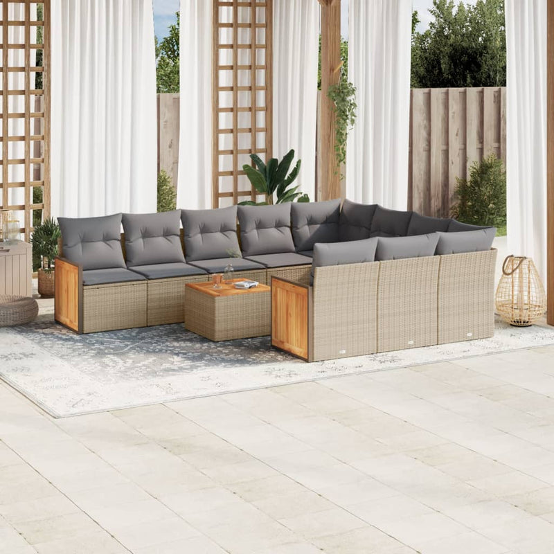 11-tlg. Garten-Sofagarnitur mit Kissen Beige Poly Rattan