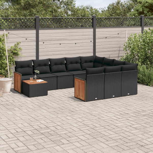 11-tlg. Garten-Sofagarnitur mit Kissen Schwarz Poly Rattan