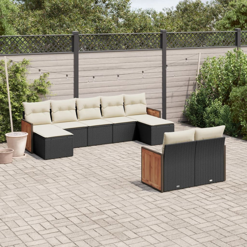 9-tlg. Garten-Sofagarnitur mit Kissen Schwarz Poly Rattan