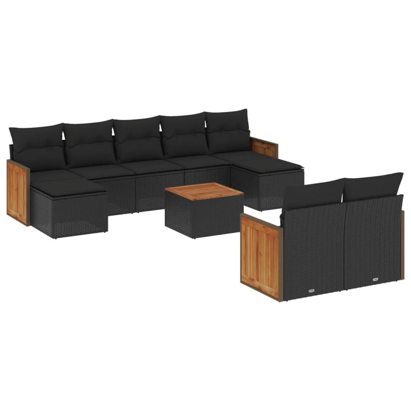 10-tlg. Garten-Sofagarnitur mit Kissen Schwarz Poly Rattan