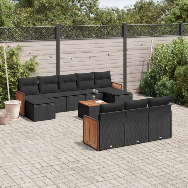 11-tlg. Garten-Sofagarnitur mit Kissen Schwarz Poly Rattan