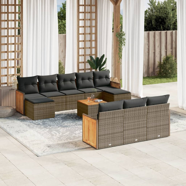 11-tlg. Garten-Sofagarnitur mit Kissen Grau Poly Rattan