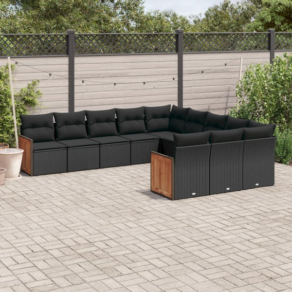 11-tlg. Garten-Sofagarnitur mit Kissen Schwarz Poly Rattan