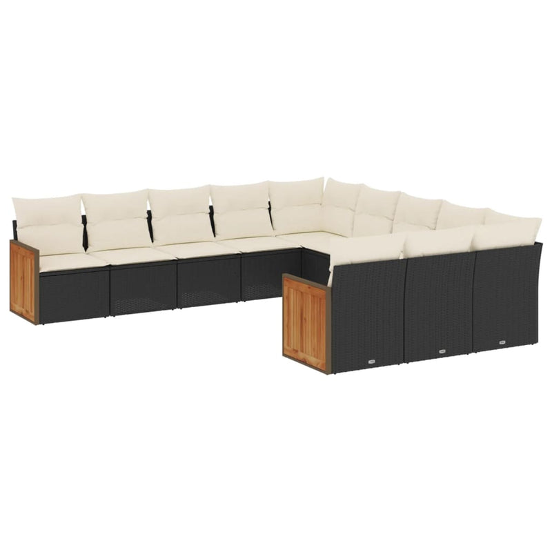 11-tlg. Garten-Sofagarnitur mit Kissen Schwarz Poly Rattan