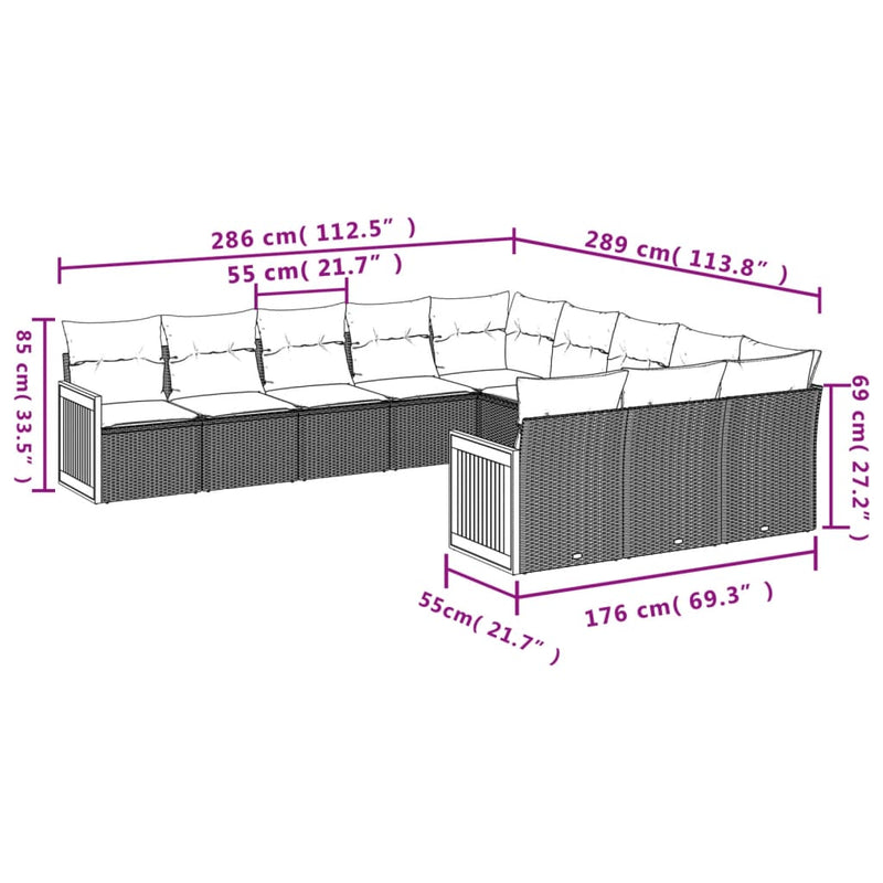 11-tlg. Garten-Sofagarnitur mit Kissen Schwarz Poly Rattan