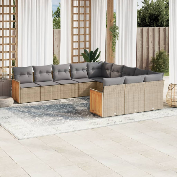 11-tlg. Garten-Sofagarnitur mit Kissen Beige Poly Rattan