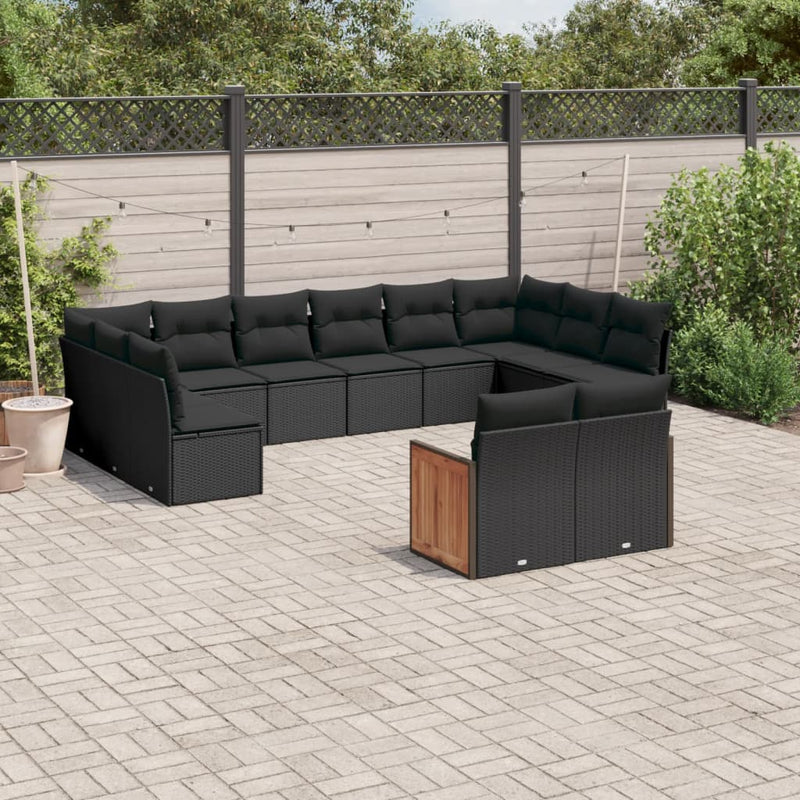 12-tlg. Garten-Sofagarnitur mit Kissen Schwarz Poly Rattan